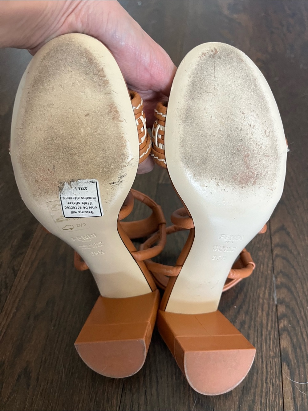 Fendi Tan Leather Braided Strap Block-Heel Sandals - Picture 4 of 4